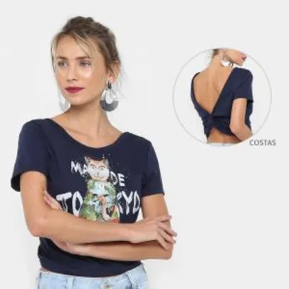 Camiseta Colcci Estampa Gato Feminina - Marinho R$59