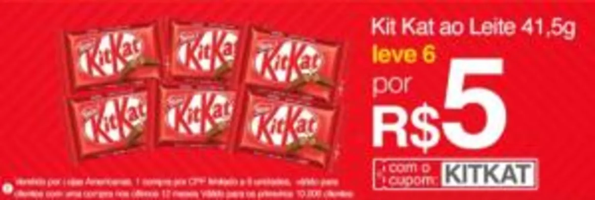 (Selecionados) Leve 6 Kit Kat por R$5