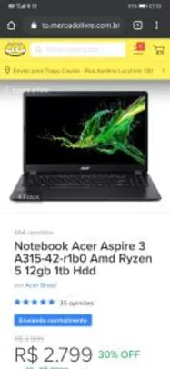 Notebook Acer Aspire 3 A315-42-R1B0 AMD Ryzen 5 12GB 1TB | R$2.799