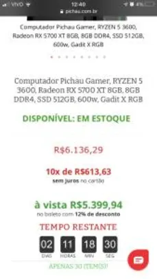 COMPUTADOR PICHAU GAMER, RYZEN 5 3600, RADEON RX 5700 XT 8GB, 8GB DDR4, SSD 512GB, 600W, GADIT X RGB R$5399