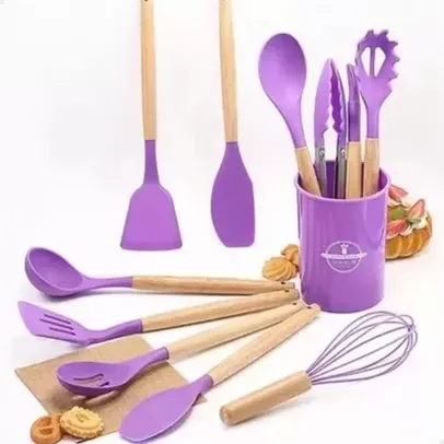 Kit 12 Utensílios De Cozinha Em Silicone E Cabo De Madeira