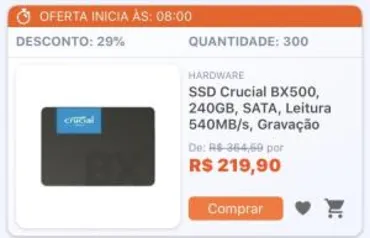 SSD Crusial BX 500, 250GB ,SATA leitura 540MB/S, Gravação 500MB/s