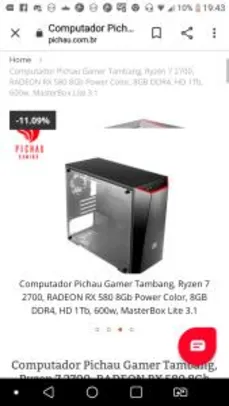 Computador Pichau Gamer Tambang, Ryzen 7 2700, RADEON RX 580 8Gb Power Color, 8GB DDR4, HD 1Tb, 600w, MasterBox Lite 3.1 - R$2998