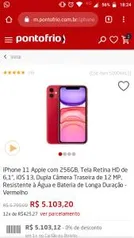 iPhone 11 Apple com 256GB, Tela Retina HD de 6,1”, iOS 13 - Vermelho R$5.103