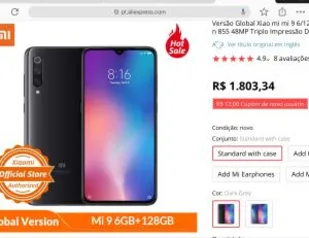 Versão Global Xiao mi mi 9 6/128 GB Câmera 6.39  por R$ 1813