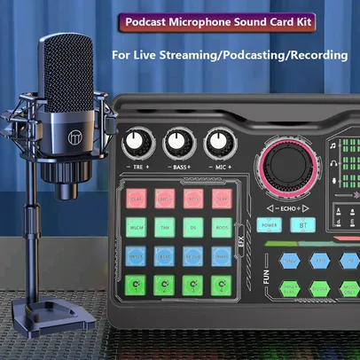 [ Taxa Inclusa] Zealsound Microfone Podcast Profissional, Kit SoundCard para PC, Smartphone, etc