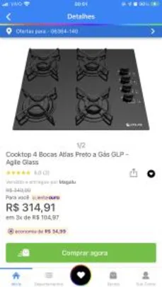 Cooktop 4 Bocas Atlas Preto a Gás GLP - Agile Glass R$315