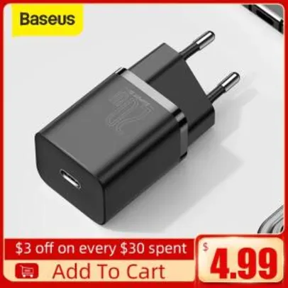 Carregador Rápido 20W Super Si USB-C Baseus | R$37