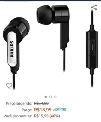 (Frete grátis Amazon prime)Philips SHE1405BK/10 Fone de Ouvido com Microfone, Preto R$ 19