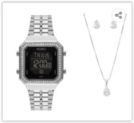 Relógio Feminino Digital Euro com Colar e Par de Brincos | R$ 164
