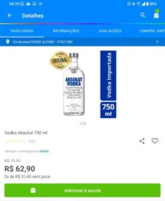 Vodka Absolut 750ml | R$53