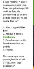 [Usuários Selecionados] R$25 OFF no seu 1º pedido no Uber Eats