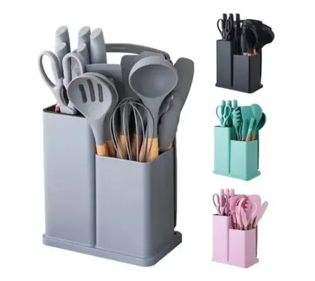 [Cliente Ouro] Kit 19 peças Utensílios de Cozinha Silicone com Cabo de Madeira