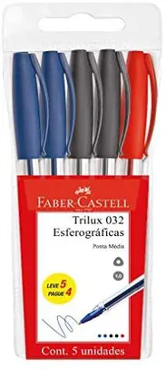 [PRIME]Caneta Esferográfica Faber-Castell Trilux 032/OFFICE 1.0mm Azul/Preto/Vermelho - 5 Unidades | R$4,61