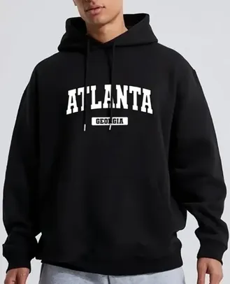 [Taxa Inclusa]Moletom Com Capuz Para Homem Estampa De Letras ATLANTA, Forrado com Fleece - Preto