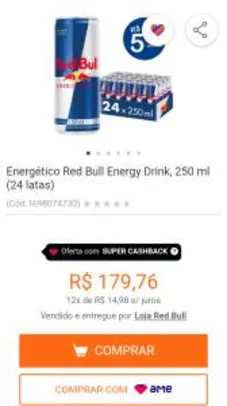 [AME R$119] Energético Red Bull Energy Drink, 250 ml (24 latas) | R$180