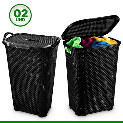 [App+Cliente Ouro] Kit 2 Cestos Rattan Basculada com Tampa Preto 50 Litros