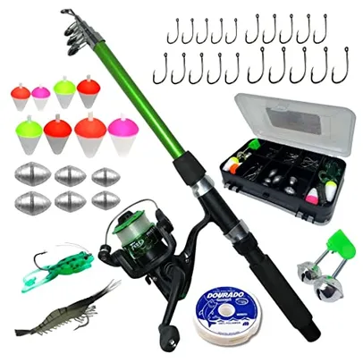 Kit De Pesca 1 Vara + 1 Molinete e Estojo Com Acessórios Bóias Anzóis Chumbadas Iscas Maleta e Estojo