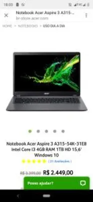 Notebook Acer Aspire 3 A315-54K-31E8 Intel Core I3 4GB RAM 1TB HD 15,6' W10 | R$2.449