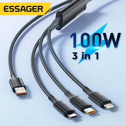 [Taxa inclusa] Cabo Essager 3 em 1 de 100W com Carregamento rápido - USB C + Micro USB + Lightning - Para Android e iPhone