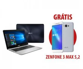 Notebook X556UR-XX478T Azul Escuro + Zenfone 3 Max 5,2" Prata - R$2999