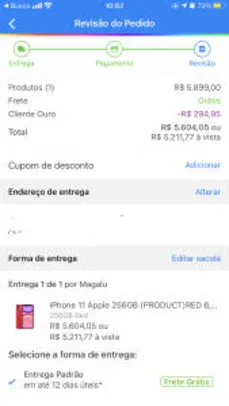 [APP + C.Ouro] iPhone 11 Apple 256GB (PRODUCT)RED | R$5211