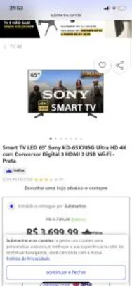 Smart TV LED 65" Sony KD-65X705G Ultra HD 4K com Conversor Digital 3 HDMI 3 USB Wi-Fi - Preta R$3699