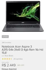 Notebook Acer Aspire 3 A315-54k-31e8 I3 4gb Ram 1tb Hd 15,6' R$2.450