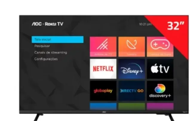 Smart TV 32" AOC HD 32S5135/78G com processador Quad Core, sistema Roku TV, Dolby Digital, Painel de 60 Hz e Comando de Voz