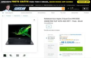 Notebook Acer Aspire 3 Quad Core W10 8GB 256GB SSD 15,6" A315-42G-R1FT | R$ 3230