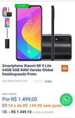 Smartphone Xiaomi MI 9 Lite 64GB 6GB | R$1350