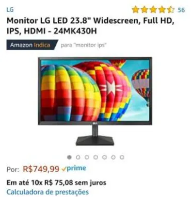 [PRIME] Monitor LG LED 23.8" Widescreen, Full HD, IPS, HDMI - 24MK430H