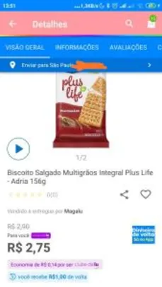 [Clube da Lu + R$1 de volta] Biscoito Salgado Multigrãos Integral Plus Life - Adria 156g | R$3