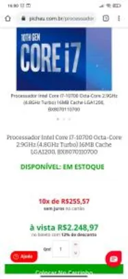 Processador Intel Core i7-10700 Octa-Core 2.9GHz (4.8GHz Turbo) 16MB Cache LGA1200, BX8070110700