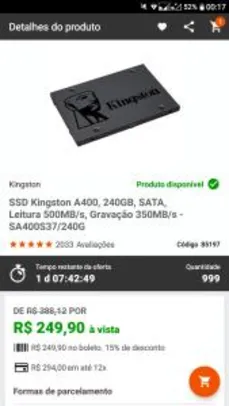 SSD Kingston A400, 240GB, SATA, Leitura 500MB/s, Gravação 350MB/s - SA400S37/240G | R$ 250