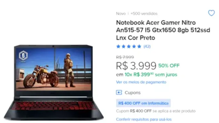 Notebook Acer Gamer Nitro An515-57 I5 Gtx1650 8gb 512ssd Lnx Cor Preto