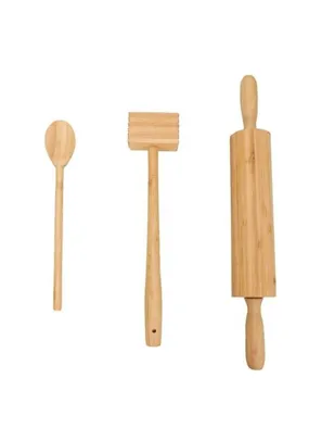 Kit colher + rolo de massa + batedor de carne La Cuisine linha bambu