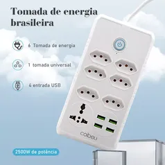 [DoBrasil/ MOEDAS] Coibeu Extensão de Energia para Casa, 6 Canais, 4Portas USB, Régua 