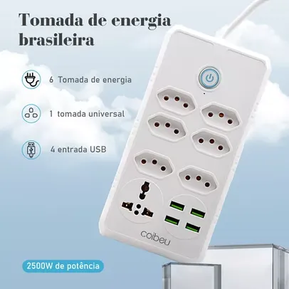 [DoBrasil/ MOEDAS] Coibeu Extensão de Energia para Casa, 6 Canais, 4Portas USB, Régua 