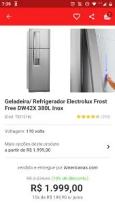 [Cartão Americanas ]Geladeira/Refrigerador Frost Free Electrolux 380 litros DW42X R$ 1900