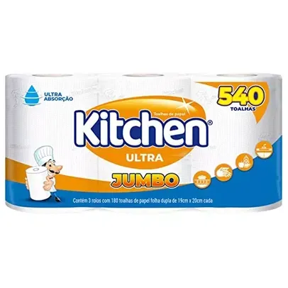 (REC) Papel Toalha Kitchen Jumbo Folha Dupla - Pack com 3 rolos de 180 unidades de 19x20 cm cada