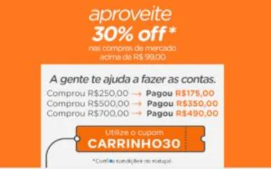 Cupom 30% de desconto no supermercado Carrefour até 9:00 do dia 11/06