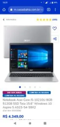 Notebook Acer Core i5-10210U 8GB 512GB SSD Tela 15.6” Windows 10 Aspire 5 A515-54-59X2 | R$ 4349