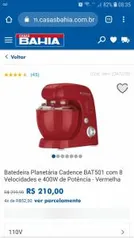 Batedeira Planetária Cadence BAT501 com 8 Velocidades e 400W de Potência - Vermelha