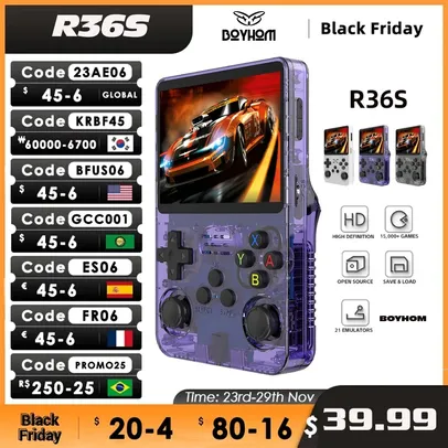 Saindo por R$ 163: [Taxa Inclusa/Moedas] Game Retrô Pirtat R36S 64G, Video Game Console, Tela IPS 3,5 polegadas | Pelando