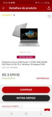 Notebook Lenovo AMD Ryzen 7-3700U 8GB 256GB SSD Tela Full HD 15.6” Windows 10 Ideapad S145