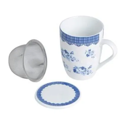 Conjunto Caneca com Tampa e Filtro de Porcelana Grécia 310Ml com Caixa de Presente Lyor Azul/ Branco | R$29