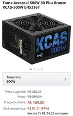 Fonte Aerocool 500W 80 Plus Bronze KCAS-500W - R$189