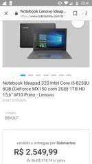 Notebook Ideapad 320 Intel Core i5-8250U 8GB (GeForce MX150 com 2GB) 1TB HD 15,6'' W10 Preto - Lenovo- R$ 2470