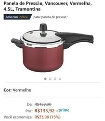 Panela de Pressão, Vancouver, Vermelha, 4.5L, Tramontina R$136